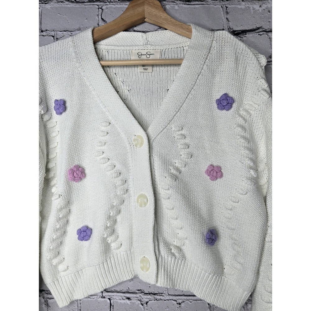 Jessica Simpson 3D Embroidered Flower Knit Cardigan White Purple Size Large - Picture 2 of 9